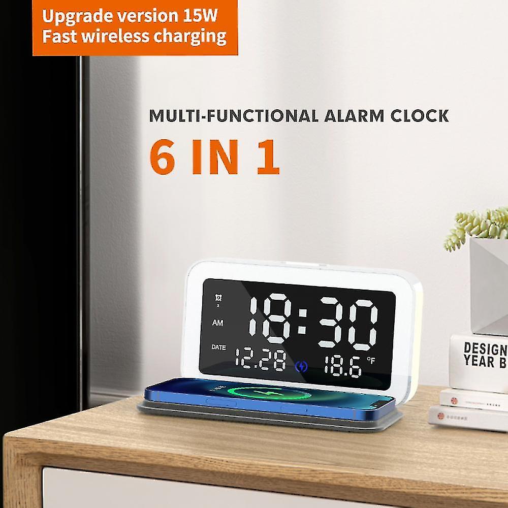 Alarm Clocks 6 In 1 15w Wireless Charging Night Light Alarm Clock