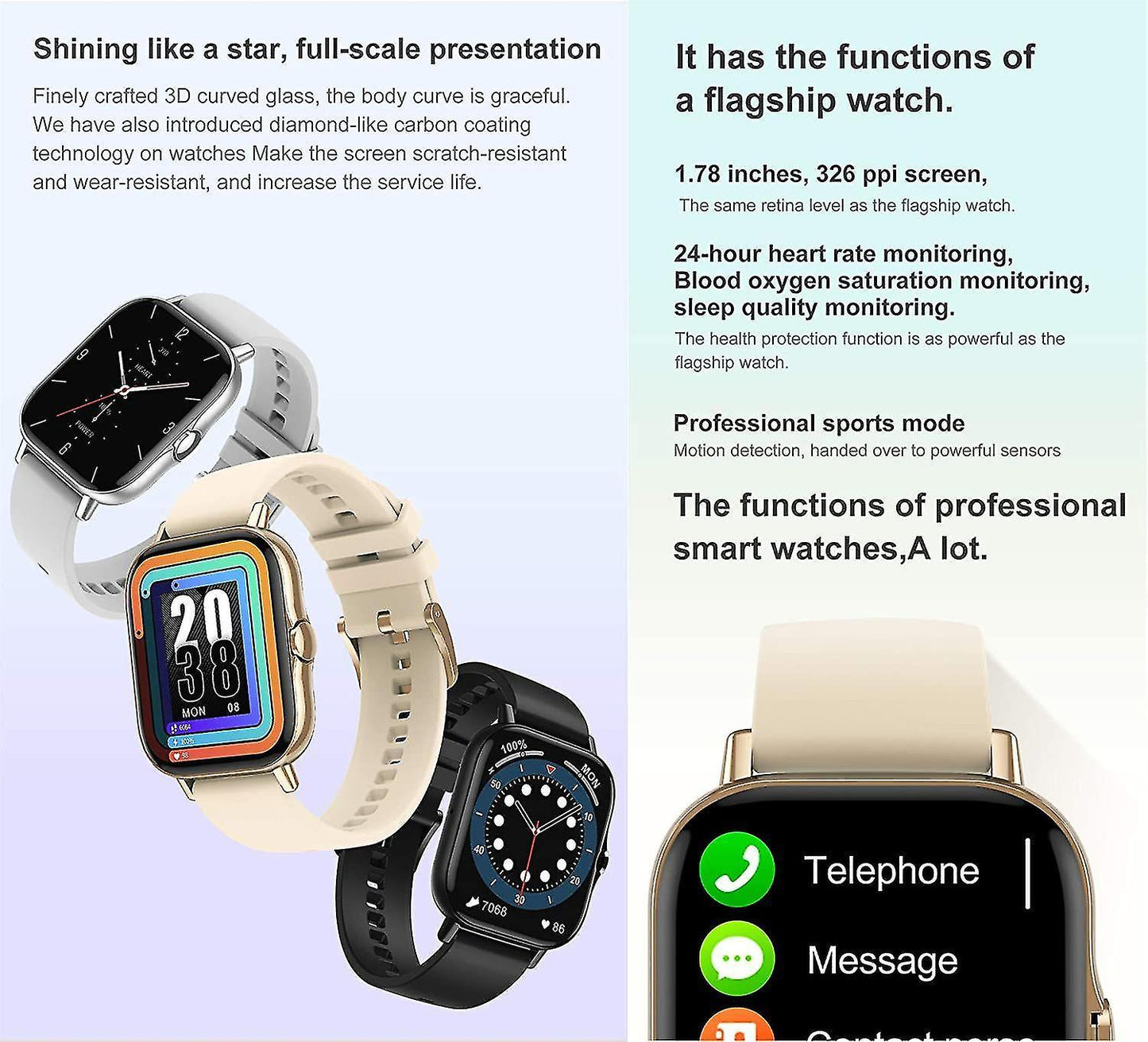 Activity Monitors Smart watch for Unisex with waterproof IP67 LTPS screen of 1.78 '' for Android IOS-Golden