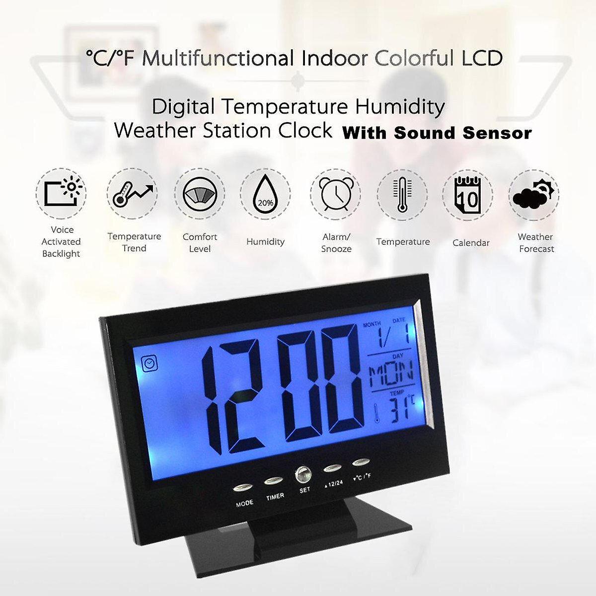 Alarm Clocks LCD Digital Table Clock + Calendar Temperature Alarm Sound Sensor Light Up Black