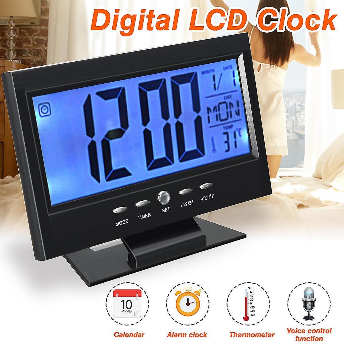 Alarm Clocks LCD Digital Table Clock + Calendar Temperature Alarm Sound Sensor Light Up Black