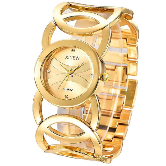 Alarm Clocks Brand Gold Plated Women Watches Circles Bracelet Rhinestone Quartz Watch Stainless Steel Watch