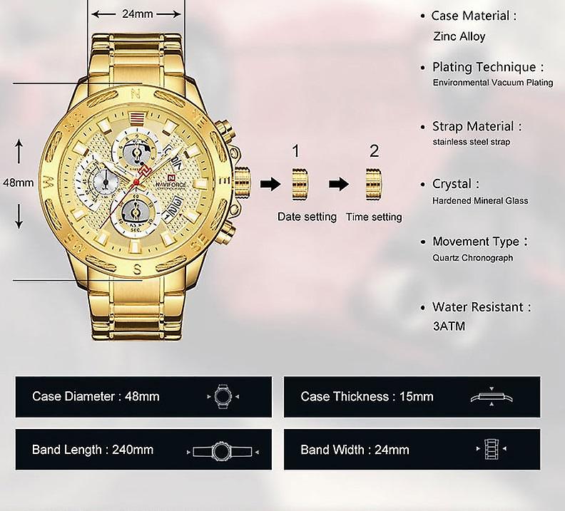 Alarm Clocks Mens Watches Sport Waterproof Stainless Steel Luxury Gold Watch Date Clock